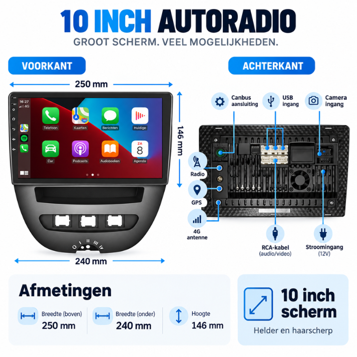 10 inch CarPlay autoradio met afmetingen en aansluitingen