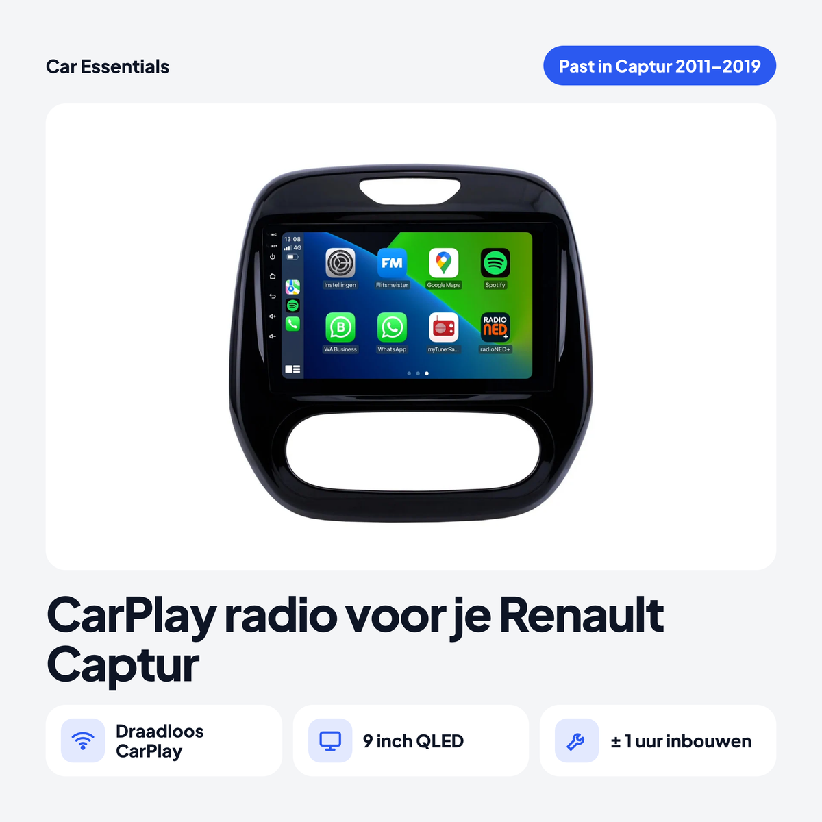 Apple CarPlay radio voor de Renault Captur 2011-2019 met 9 inch QLED-scherm en inbouwframe