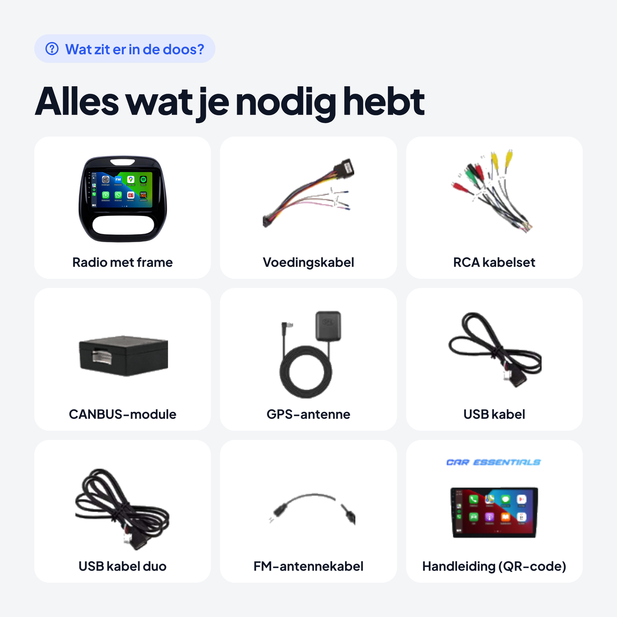 Verpakkingsinhoud Renault Captur CarPlay radio: radio met frame, kabels, CANBUS-module en GPS-antenne