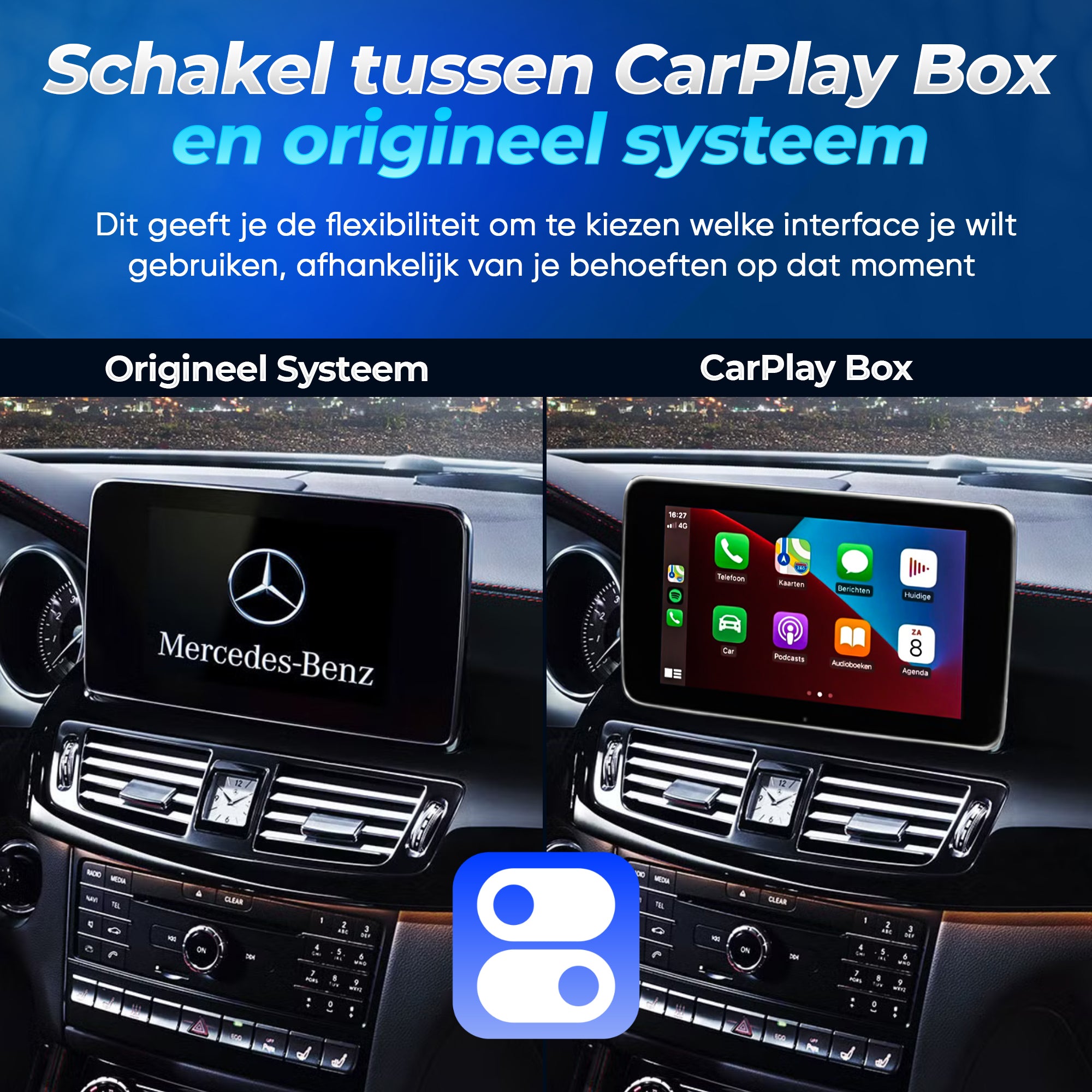Mercedes Apple CarPlay schermweergave met navigatie en muziek apps