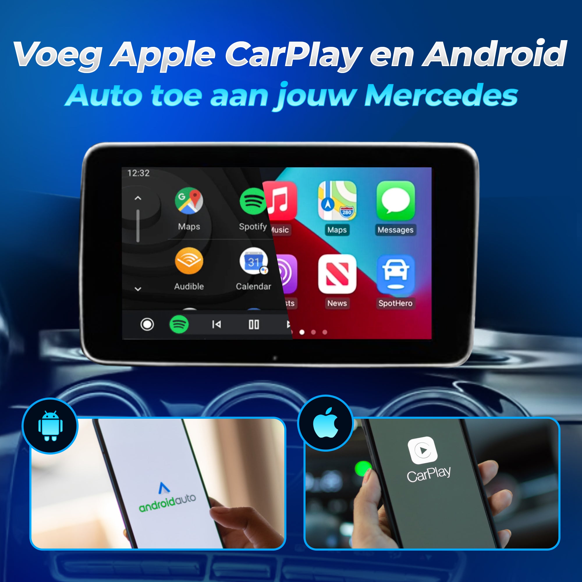 Android Auto Mercedes weergave op het originele scherm met CarPlay box