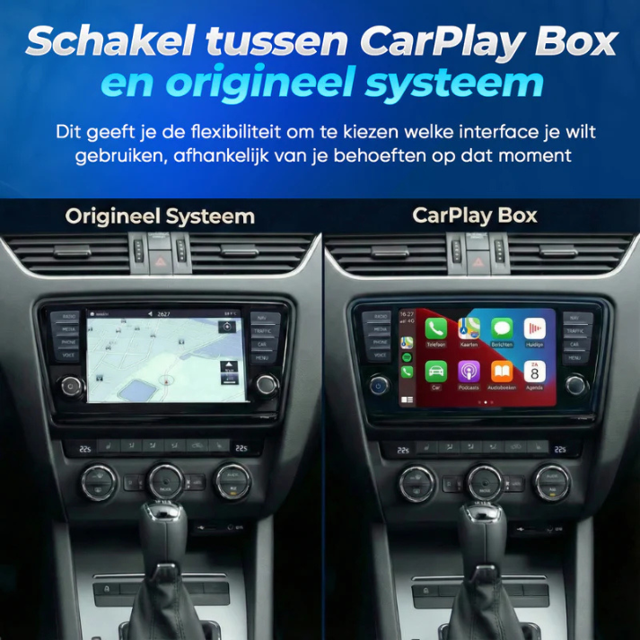Voorbeeld van Apple CarPlay en Android Auto scherm op Skoda infotainmentsysteem via CarPlay Box.