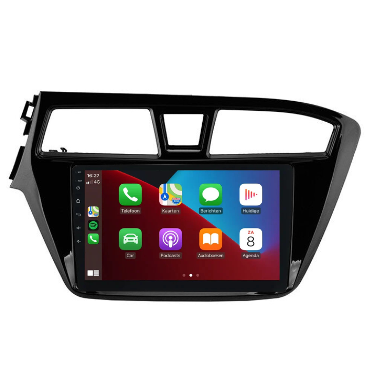 Apple CarPlay radio met iPhone-interface voor de Hyundai i20, scherp en modern weergegeven.