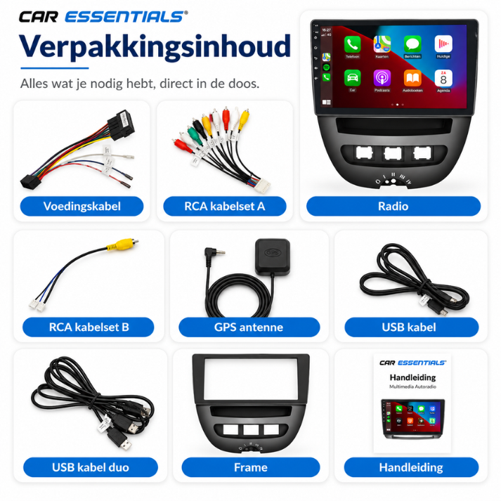 Verpakkingsinhoud CarPlay radio voor Toyota Aygo, Peugeot 107 en Citroën C1