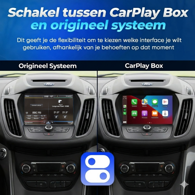 Schakelen tussen origineel Ford systeem en CarPlay Box