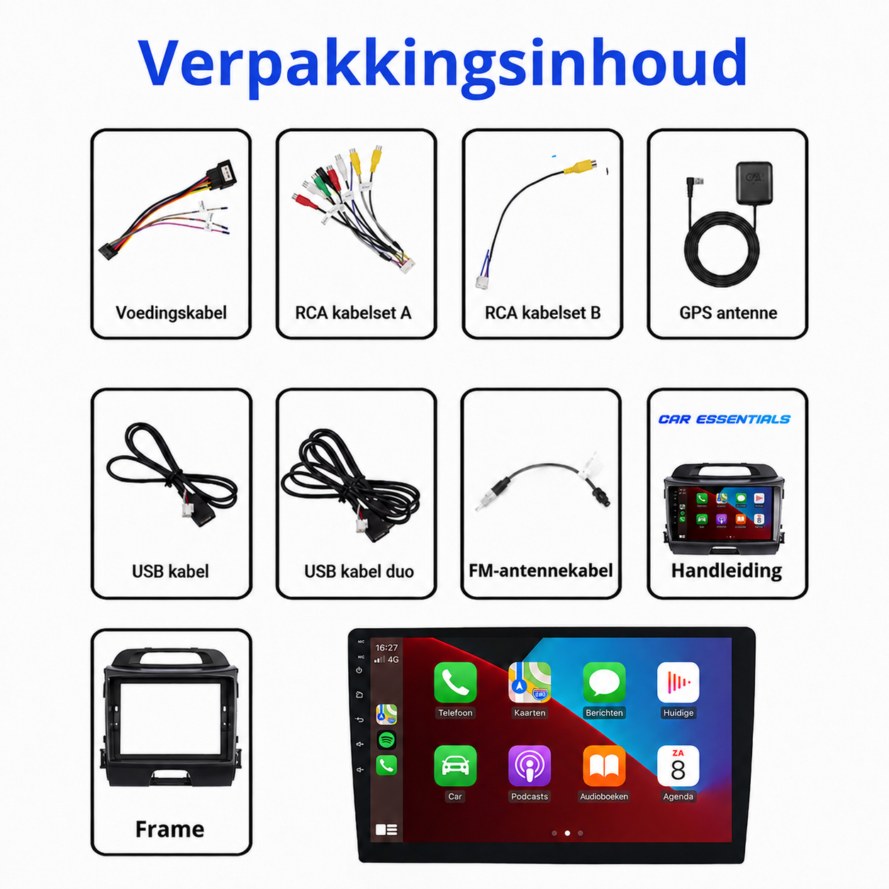 Verpakkingsinhoud Kia Sportage CarPlay radio met kabels, GPS antenne en frame