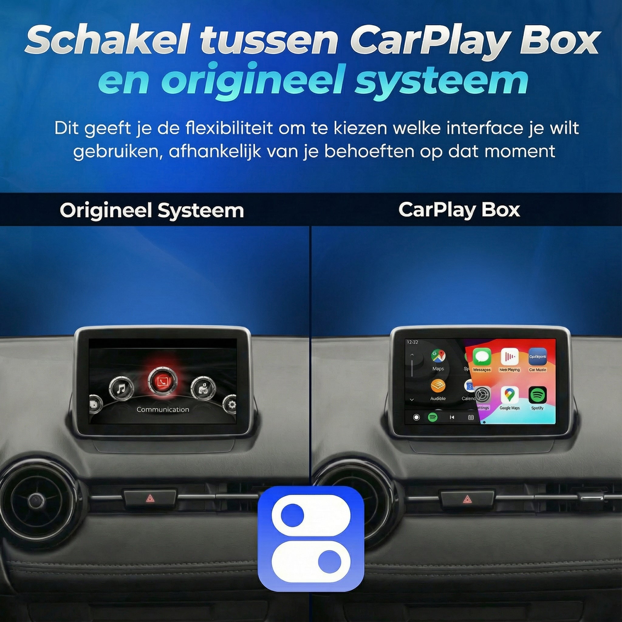 Mazda dashboard laat schakelen zien tussen origineel systeem en CarPlay Box.