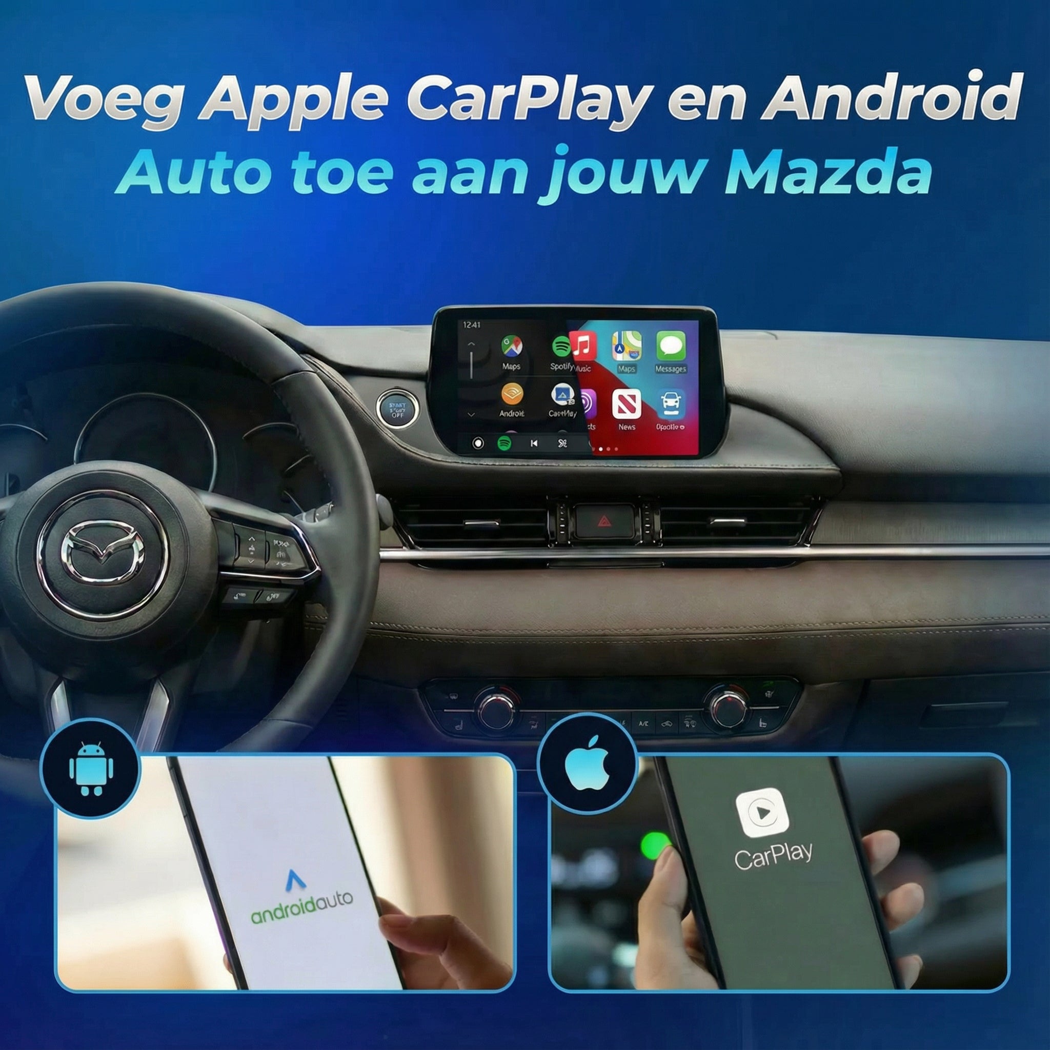 Mazda CarPlay upgrade met navigatie via Apple Maps en Google Maps.