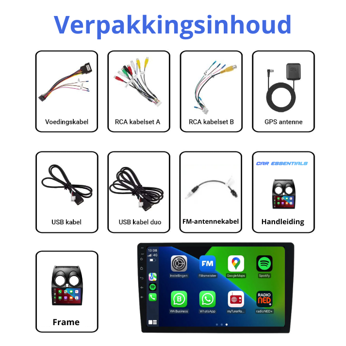 Verpakkingsinhoud van de CarPlay & Android Auto set voor Nissan Qashqai 2006–2013, inclusief kabels en accessoires.