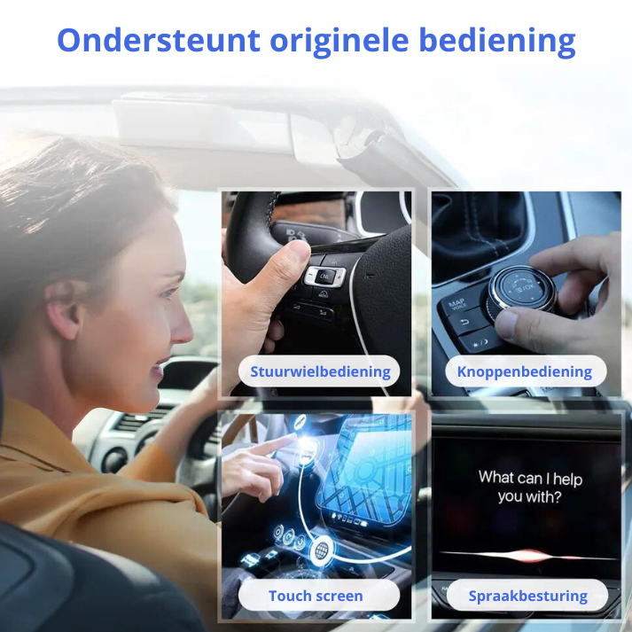 CarPlay AI Box aangesloten in auto voor draadloos streamen van YouTube en Netflix op het CarPlay-scherm.