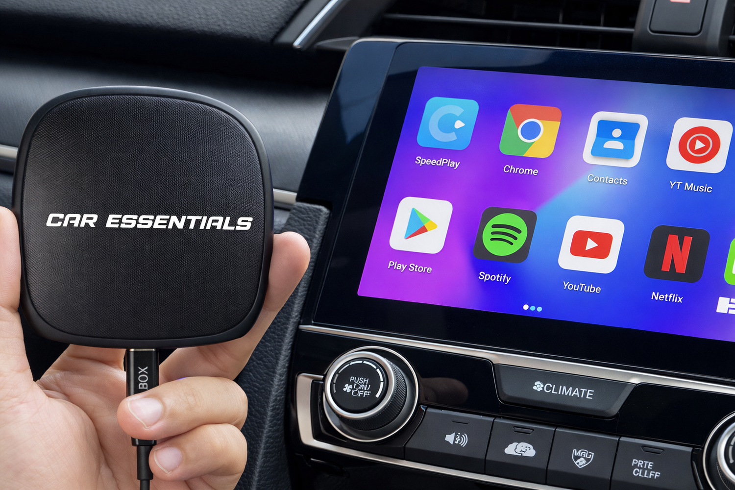 Apple CarPlay en Android Auto scherm in de auto met YouTube en Netflix apps