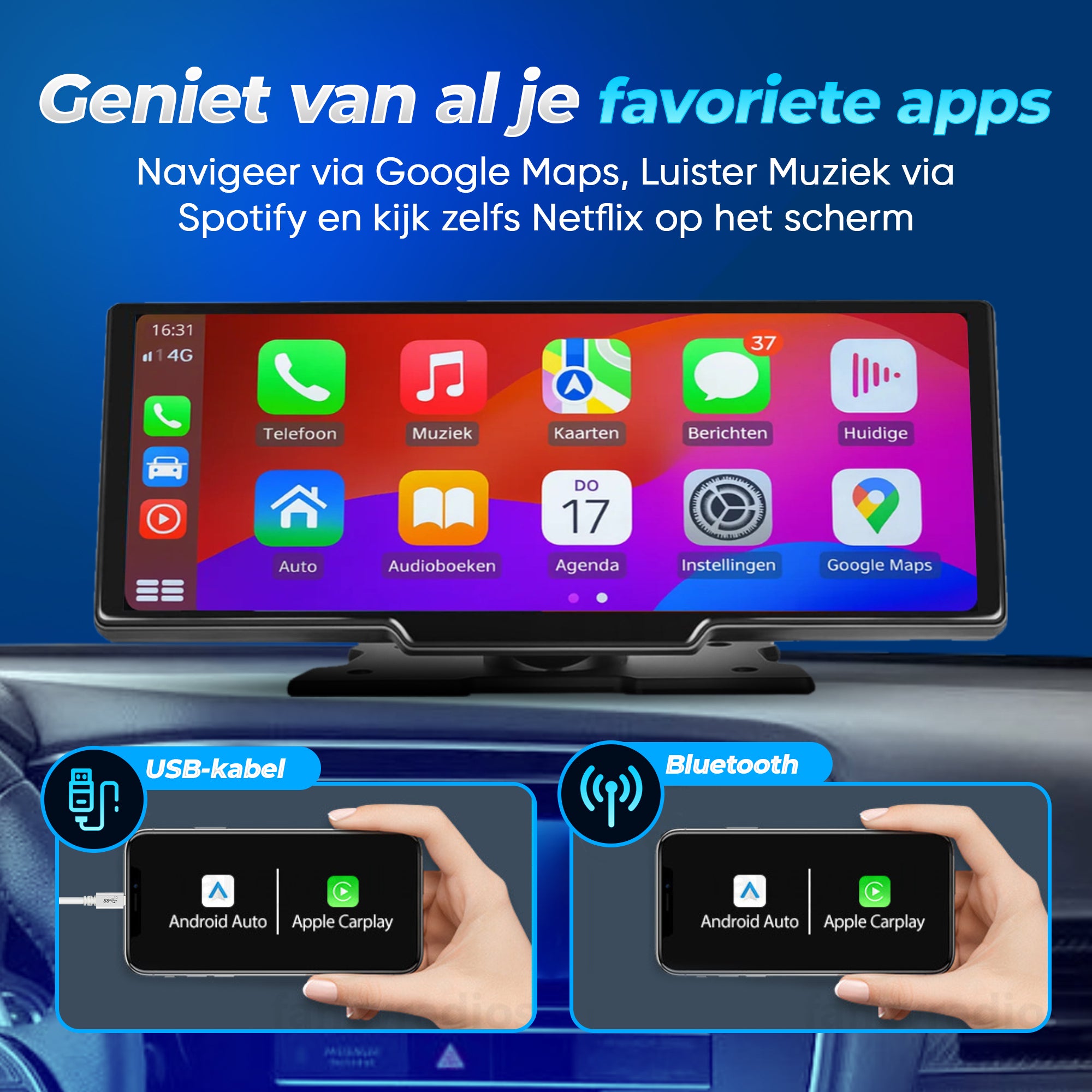 Apple CarPlay scherm met ingebouwde dashcam – ideaal navigatiescherm auto