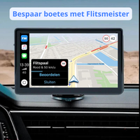 Apple CarPlay scherm voor handsfree bellen, muziek streamen, Flitsmeister en spraakgestuurde navigatie.