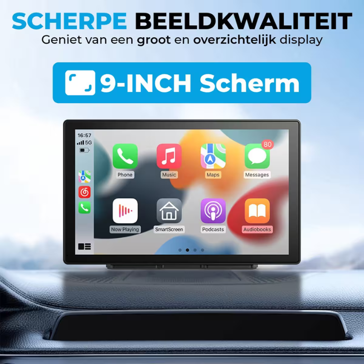 Groot 9 inch Apple CarPlay en Android Auto display met toegang tot apps en navigatie