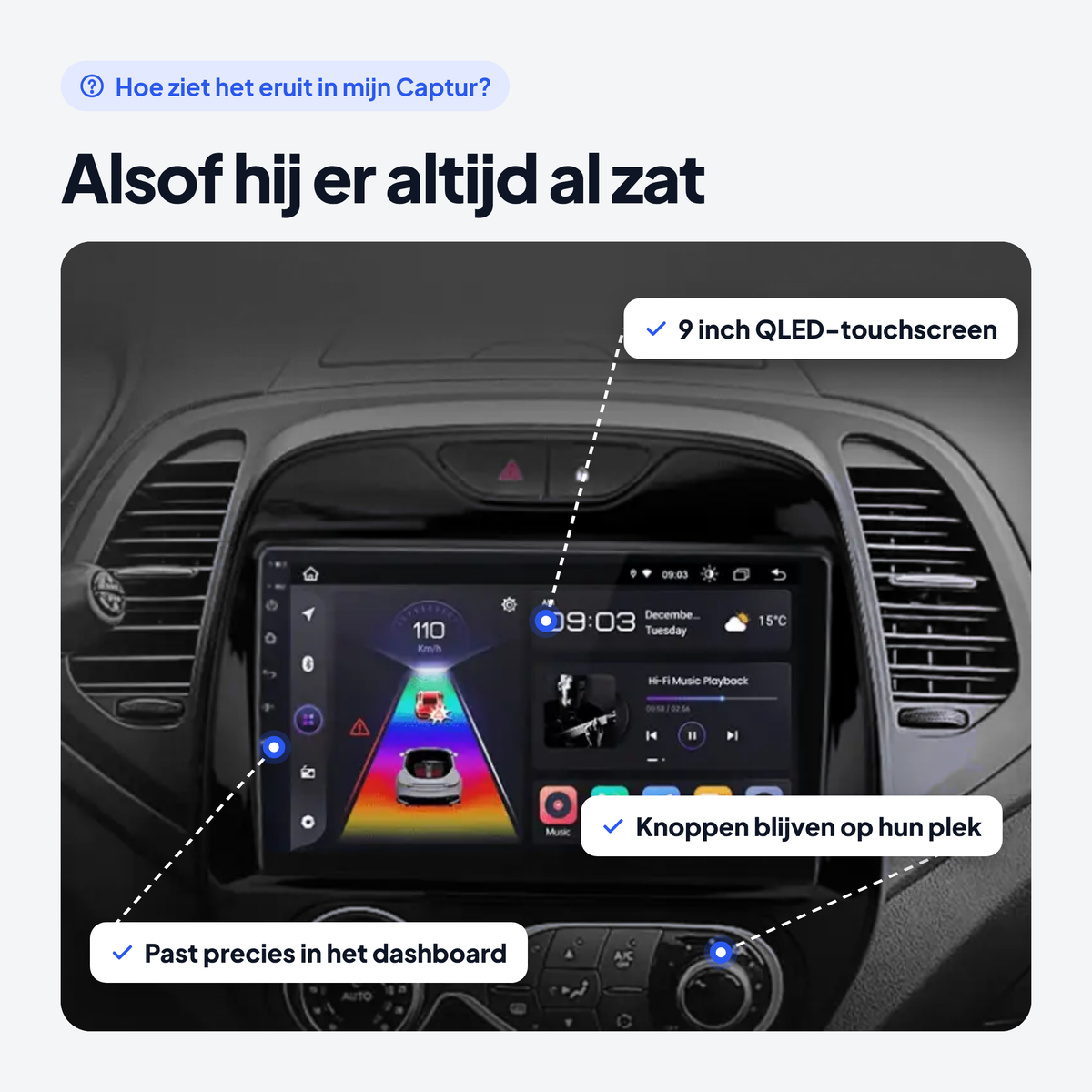 CarPlay radio ingebouwd in het dashboard van een Renault Captur