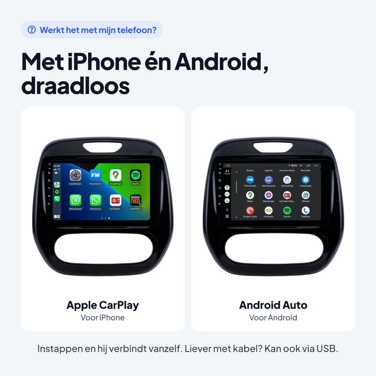 Renault Captur radio met draadloos Apple CarPlay en Android Auto voor iPhone en Android