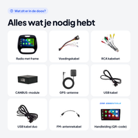 Verpakkingsinhoud Renault Captur CarPlay radio: radio met frame, kabels, CANBUS-module en GPS-antenne