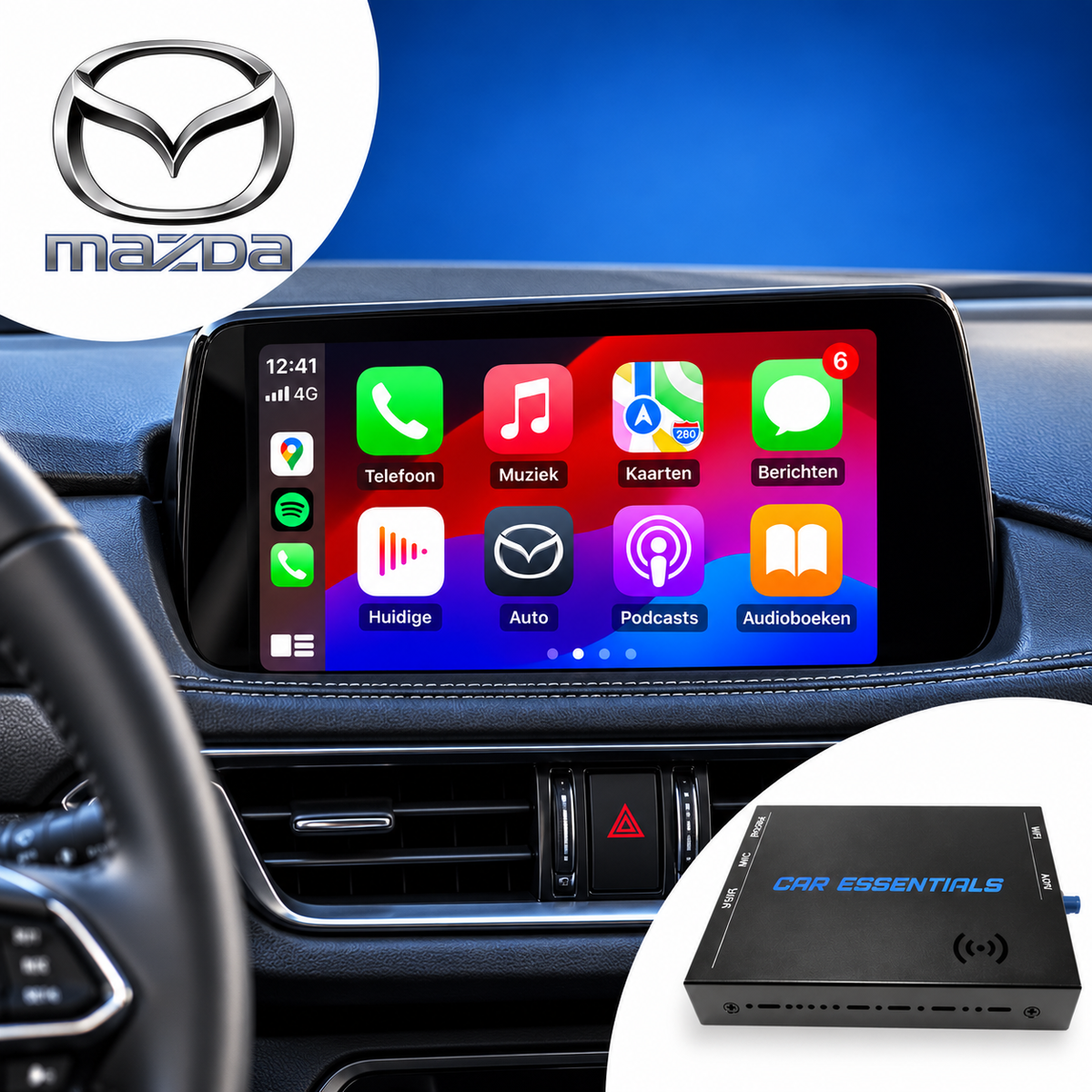 CarPlay Box Mazda geïntegreerd in dashboard met Apple CarPlay en Android Auto.

