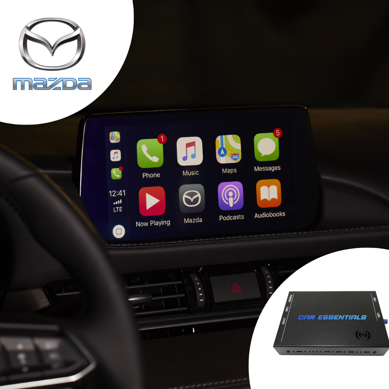 CarPlay Box Mazda geïntegreerd in dashboard met Apple CarPlay en Android Auto.