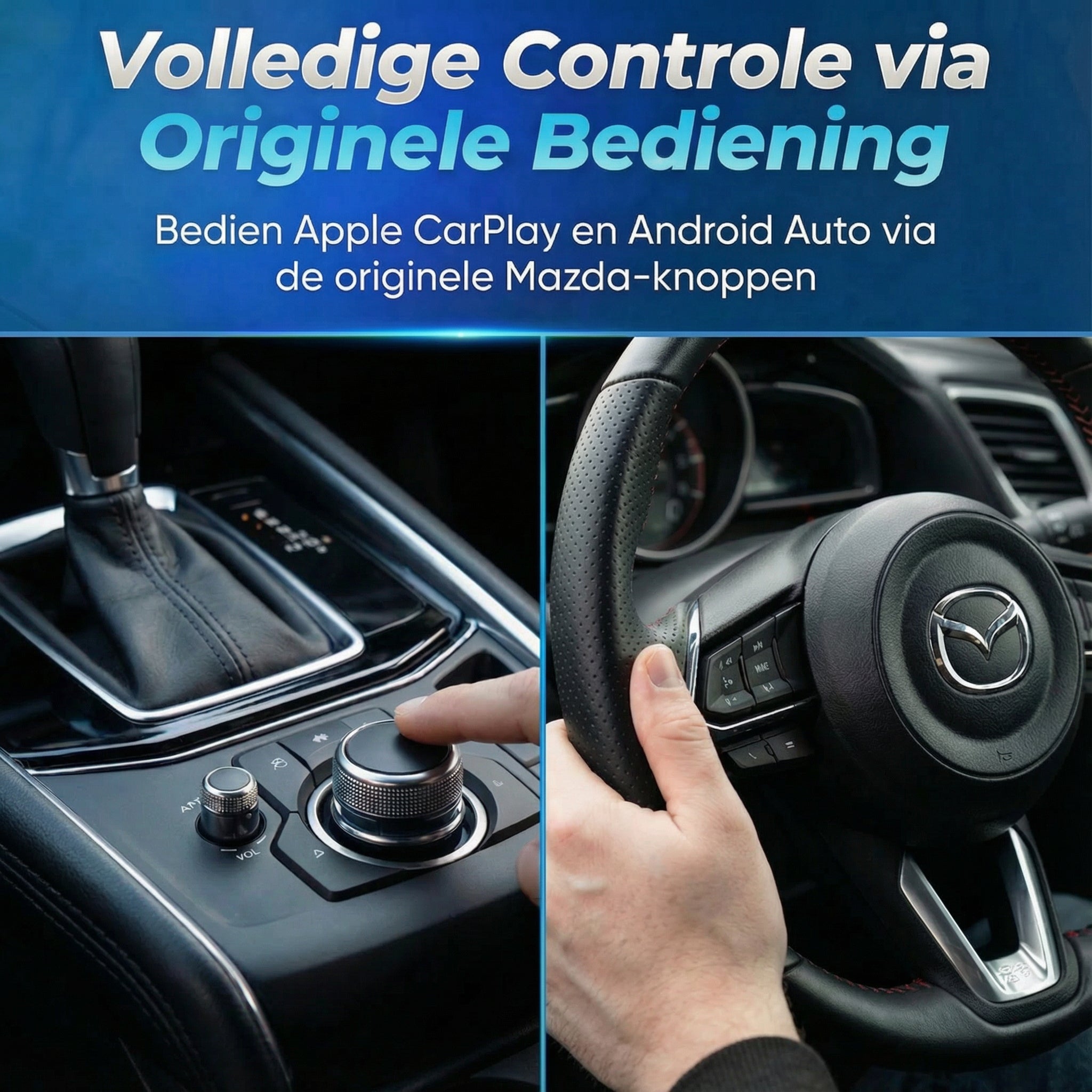 Voorbeeld van CarPlay Box installatie in Mazda met helder touchscreen.