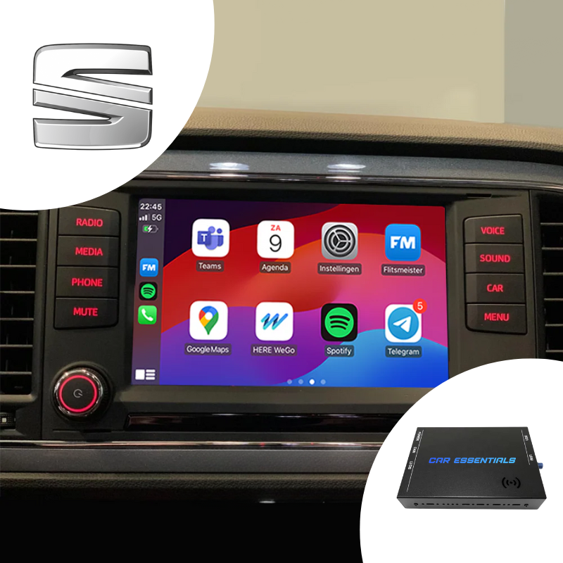 CarPlay Box voor Seat geïnstalleerd in het dashboard met Apple CarPlay en Android Auto.