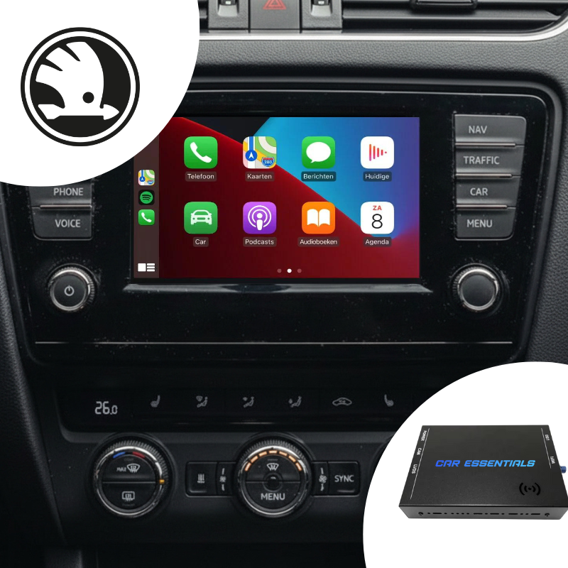 CarPlay Box voor Skoda geïnstalleerd in dashboard met Apple CarPlay en Android Auto.