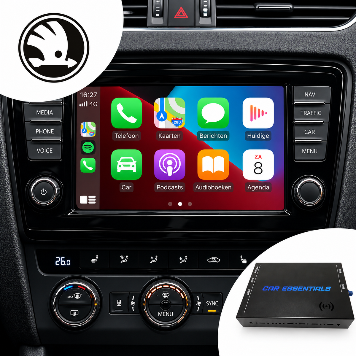 CarPlay Box voor Skoda geïnstalleerd in dashboard met Apple CarPlay en Android Auto.
