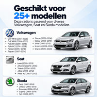 Overzicht van geschikte Volkswagen, Seat en Skoda modellen voor de 9 inch CarPlay autoradio met Apple CarPlay en Android Auto.