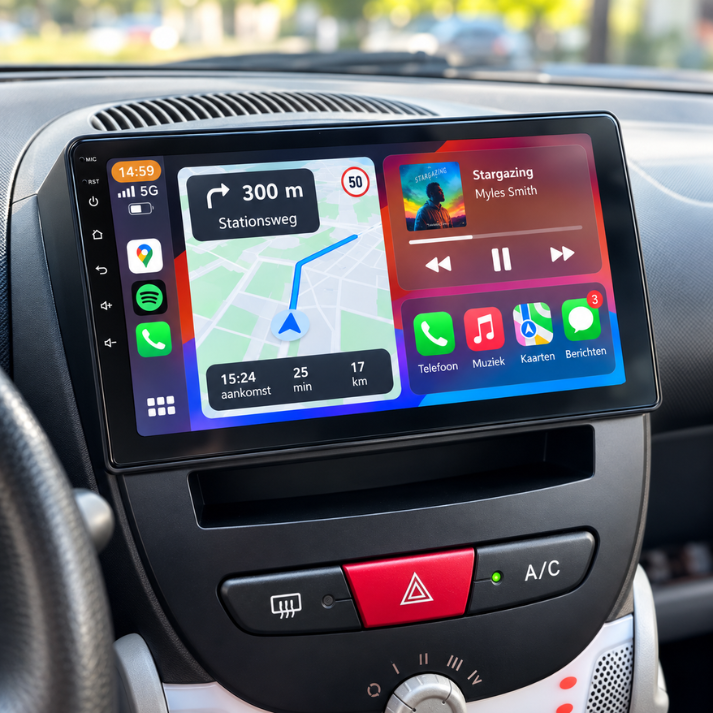 CarPlay autoradio met passende inbouwframe voor Toyota Aygo, Peugeot 107 en Citroën C1