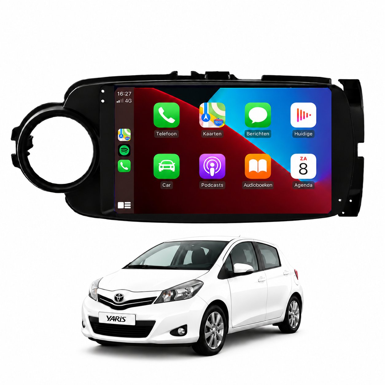 Dashboard van Toyota Yaris met CarPlay radio en ondersteuning voor Apple CarPlay en Android Auto
