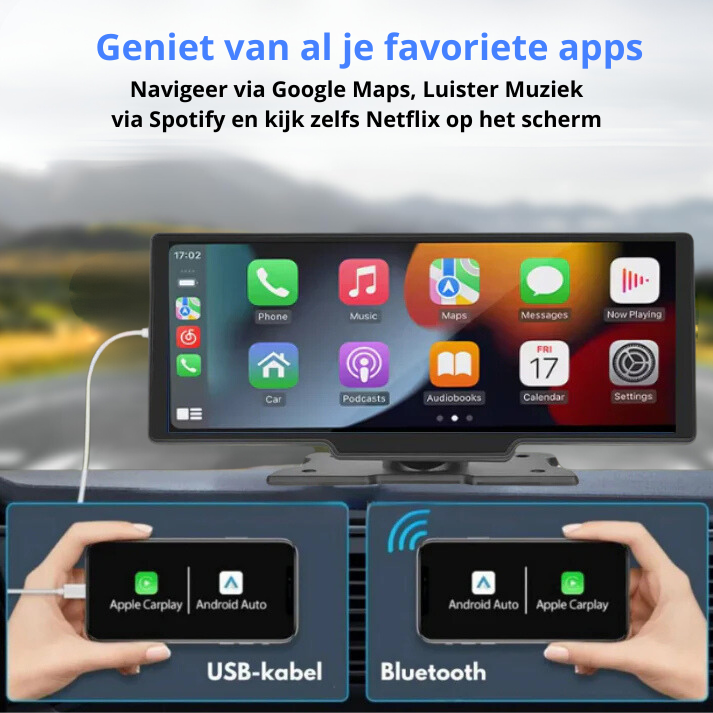 Scherm met Apple CarPlay en Android Auto om veilig te kunnen navigeren