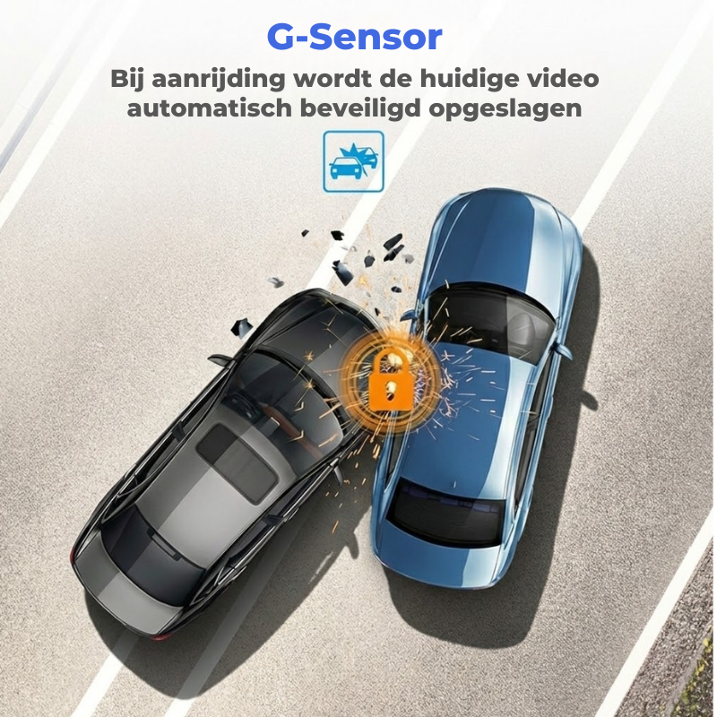 Dashcam met voor- en achtercamera voor volledige dekking van de weg tijdens het rijden.
