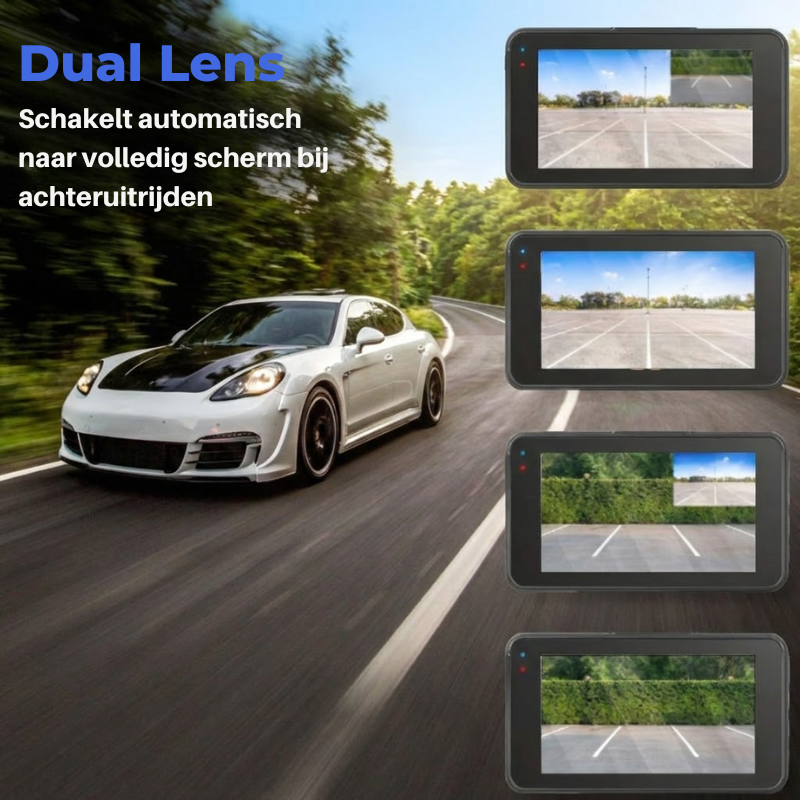 Complete dual dashcam set inclusief compacte achteruitrijcamera voor opnames voor en achter de auto.