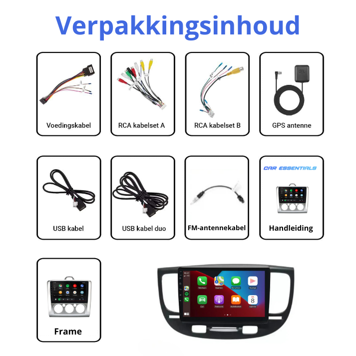 Verpakkingsinhoud van Ford Focus 2004-2010 CarPlay set inclusief kabels, module en accessoires.