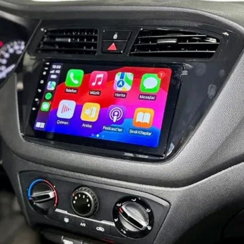 Hyundai i20 radio upgrade met Apple CarPlay en Android Auto geïntegreerd in het dashboard.