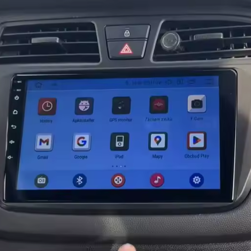 Hyundai i20 CarPlay radio met ondersteuning voor achteruitrijcamera en stuurbediening.