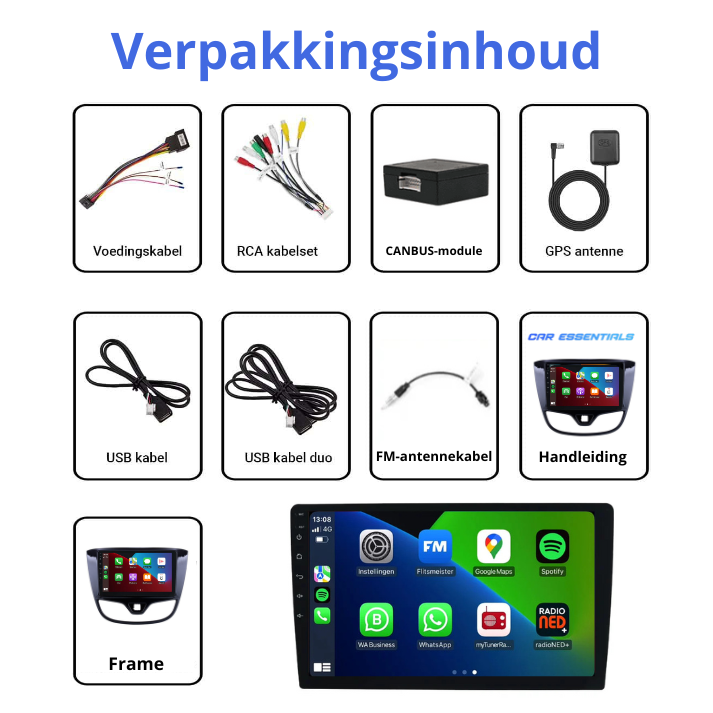 Afmetingen van de CarPlay radio voor Opel Karl 2017-2020 met exacte maatvoering van het scherm en inbouwframe.