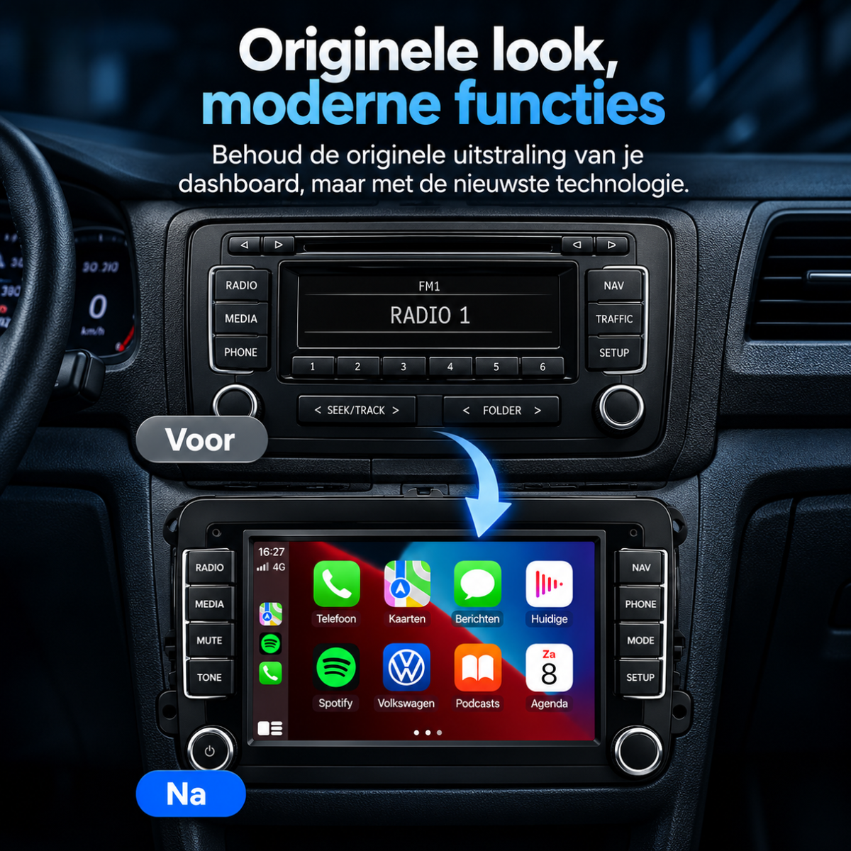 Originele dashboard look met moderne Apple CarPlay en Android Auto radio
