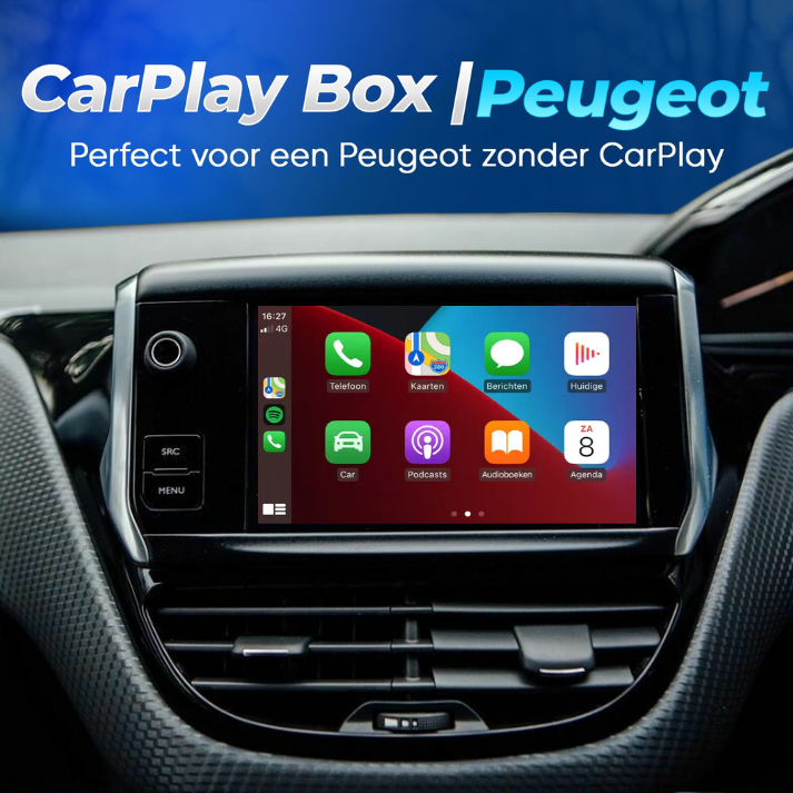 CarPlay Box geïnstalleerd op Peugeot 208 dashboard voor draadloze Apple CarPlay