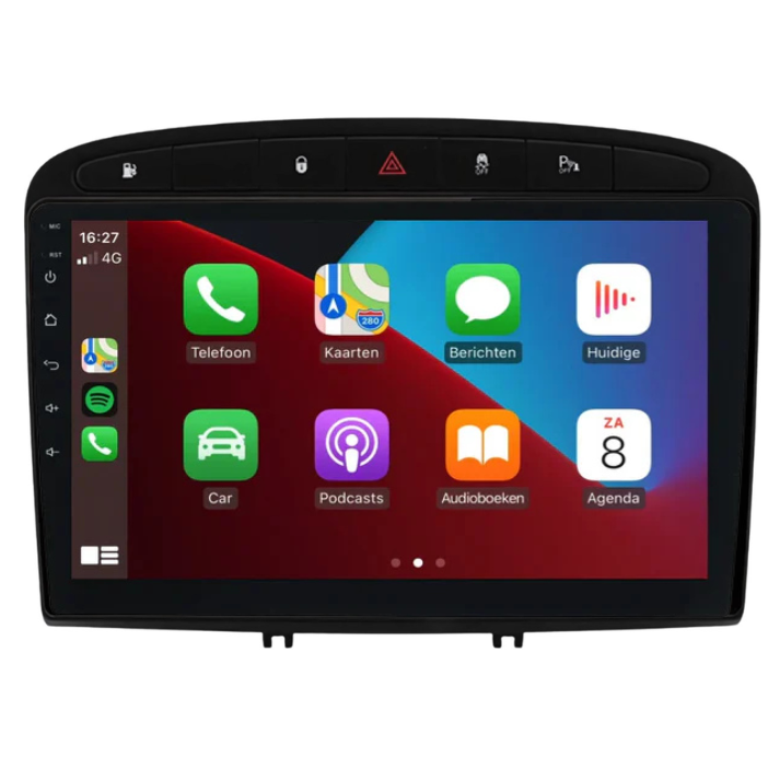 CarPlay-radio in Peugeot 308 met Apple CarPlay en Android Auto geïntegreerd in het dashboard.