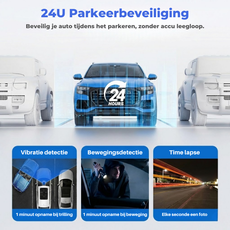 Dashcam met 4K Ultra HD-resolutie en nachtvisie voor optimale beelden in het donker.
