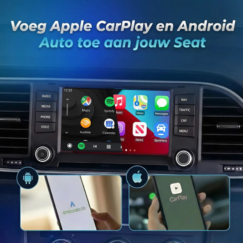 Draadloze CarPlay Box voor Seat met ondersteuning voor Apple CarPlay en Android Auto.