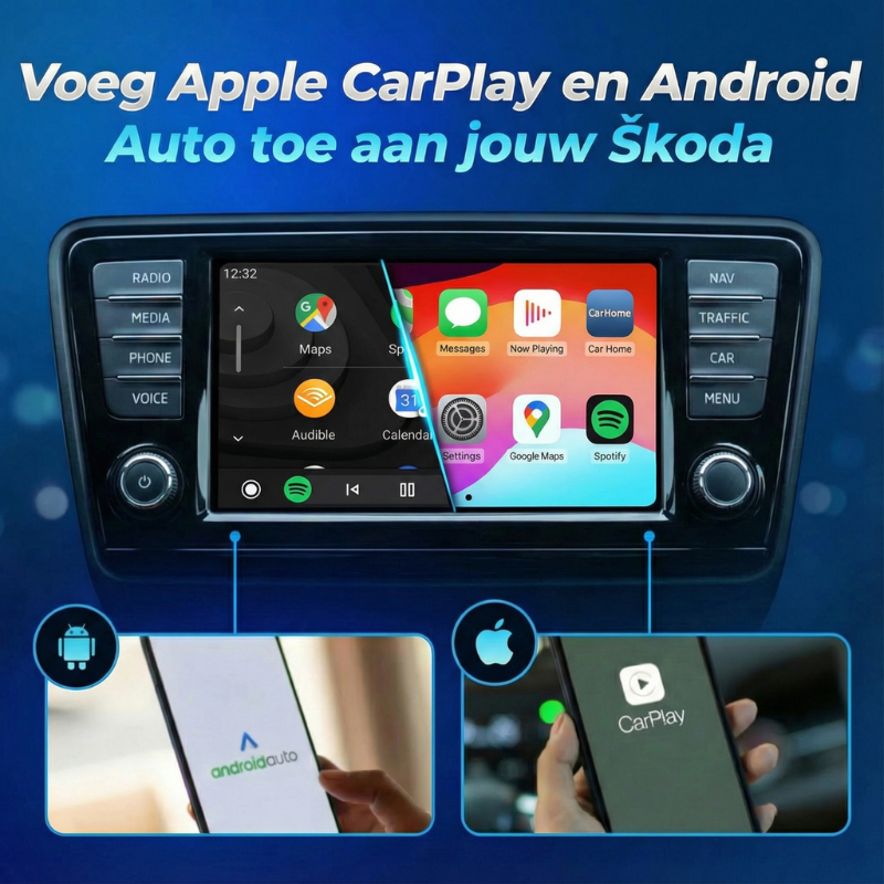 Draadloze CarPlay Box voor Skoda met ondersteuning voor Apple CarPlay en Android Auto.